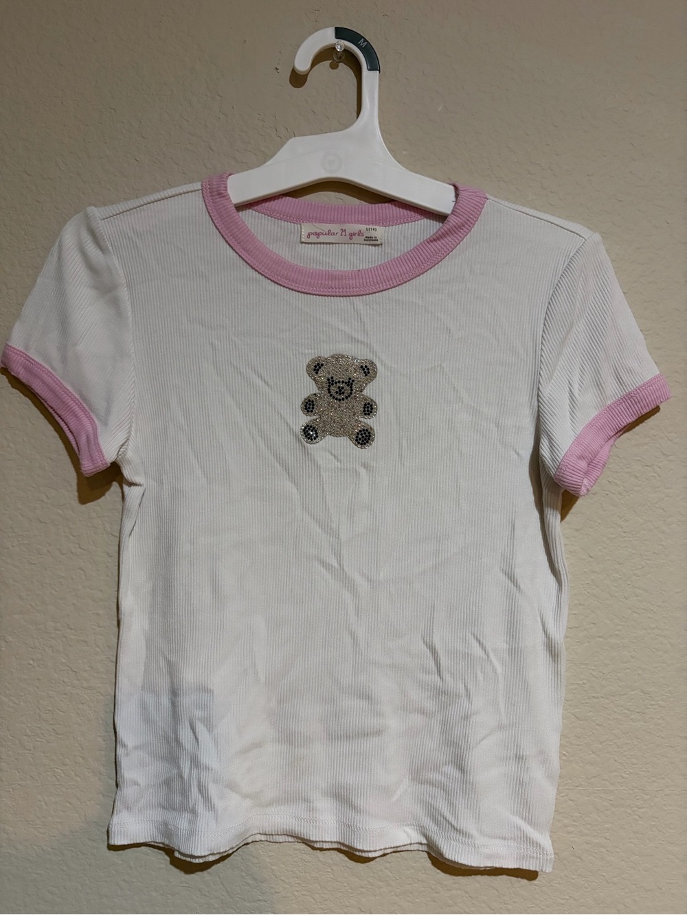 Popular 21 Girls L 14 Y2K Rhinestone Teddy Bear Baby Tee Pink Ringer Top